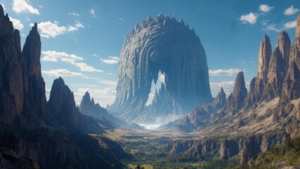 Dramatic rock formations and towering mountain landscape