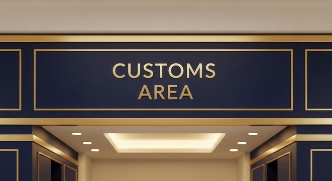 Elegant Customs Area Signage With Gold Lettering and Interior Design Concept
