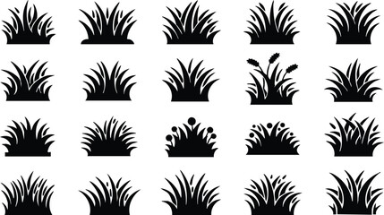 Black silhouette grass icons set with various shapes and styles for design and decoration purposes