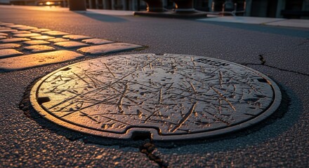 Dramatic View Of A Rusty Manhole Cover On The Street Illuminated By Sunset Light