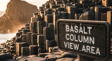Dramatic View Of Basalt Columns Formation With Sign Illustrating The Location