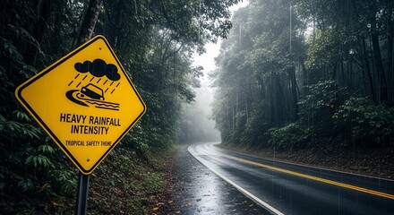 Dramatic View Of A Winding Road With Road Sign Indicating Heavy Rainfall Intensity
