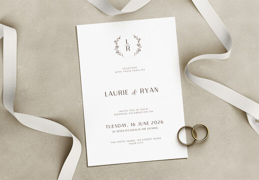 Wedding Invitation Stationery Card Mockup with Ribbons and Rings Isolated