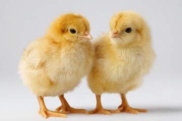Obraz premium Two fluffy yellow baby chicks on a pristine white background with soft studio lighting