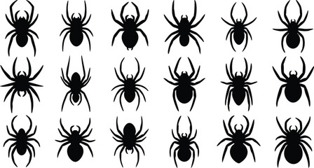 Black spider silhouettes arranged in rows on white background for Halloween and spooky themes