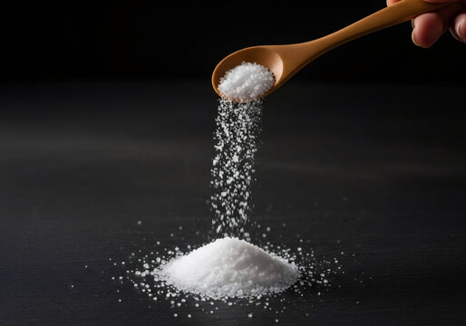 Woman hand pouring white salt from a wooden spoon onto a dark surface, creating a small pile. Cooking ingredient for seasoning food.