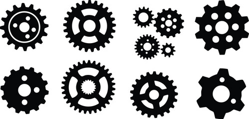 Various black gear icons in different sizes and shapes for mechanical and industrial design elements