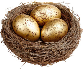 Three golden eggs in a nest representing wealth and prosperity