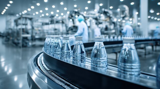 Unmarked glass juice bottles on a stainless steel conveyor in a modern beverage production facility