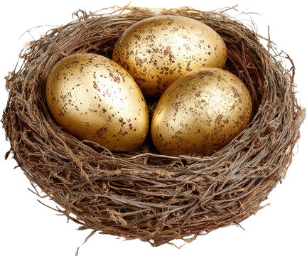 Three golden eggs in a nest representing wealth and prosperity - Powered by Adobe