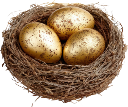 Three golden eggs in a nest representing wealth and prosperity