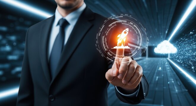 Businessman activating rocket launch icon with cloud network for startup business strategy and innovation in futuristic digital environment - Powered by Adobe