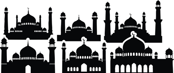 Set of six black mosque silhouettes with domes and minarets vector art graphic designs