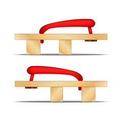 Pair of traditional japanese wooden geta sandals isolated on white side view realistic 3d vector with red straps and two parallel wooden supports.