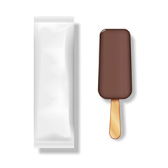Ice cream bar on a wooden stick covered with chocolate glaze and a white blank wrapper isolated on white background top view, realistic 3d vector mockup ice cream packaging.