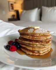 Delicious Stack of Pancakes with Maple Syrup and Berries Served for Breakfast in Bed.