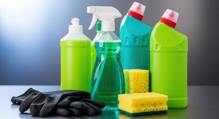 Assorted cleaning supplies including spray bottles sponges and gloves for household hygiene and sanitation