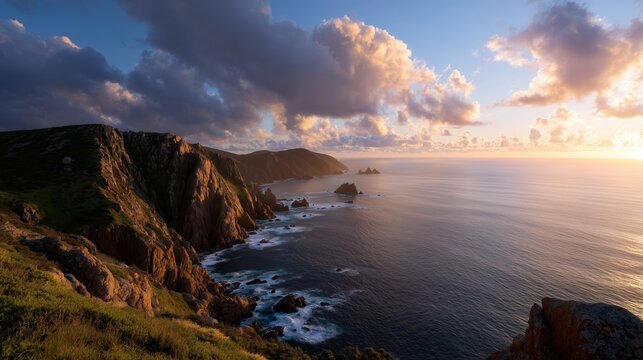 Scenic coastal view at sunset with cliffs and calm ocean waves in the distance