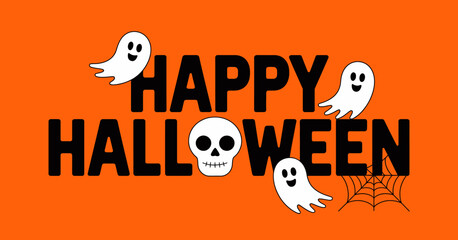 This vibrant Halloween-themed image includes cheerful ghosts and a skull against a bold orange background, capturing the fun and spooky essence of the Halloween season.