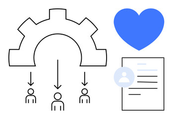 Gear distributing roles to three figures, blue heart for empathy, and profile-centric document. Ideal for teamwork, task management, leadership, care, HR, organizational efficiency simple flat