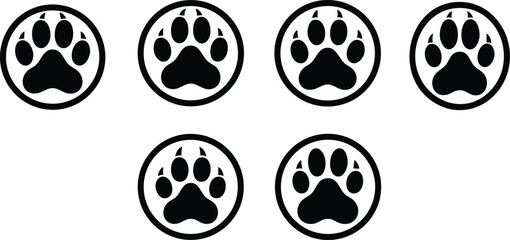 Black paw print icons with circular outline set of six isolated on white background design elements