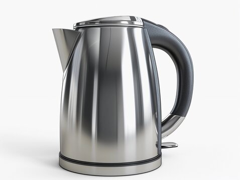 Stainless steel kettle resting on a white surface while reflecting soft light in a minimal kitchen setting