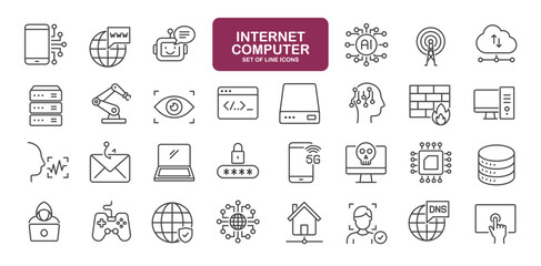Set of line icons related to internet computer. Outline icons collection