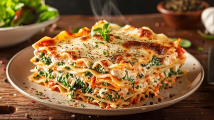 Steaming Homemade Spinach and Ricotta Lasagna on a Rustic Wooden Table
