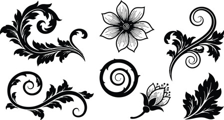Vintage floral ornaments and decorative black swirls vector set with leaves and flower patterns for design projects