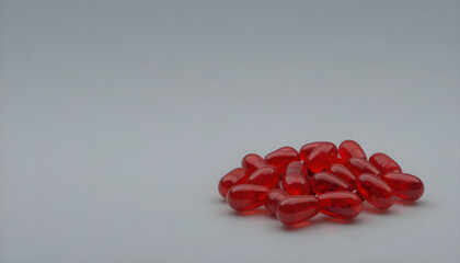 Red soft gel capsule pills isolated on white background. Pile of red soft gelatin capsule. Vitamins and dietary supplements concept. Pharmaceutical industry. Pharmacy drug store. Health care ... See M
