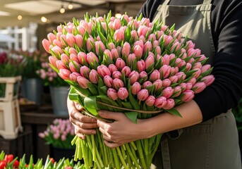Woman holding a large bouquet of fresh pink tulips at a flower market
