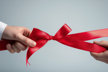 Tying Red Ribbon Around Christmas Present