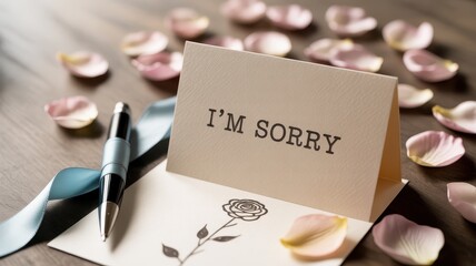 An apology card with rose drawing surrounded by pink flower petals