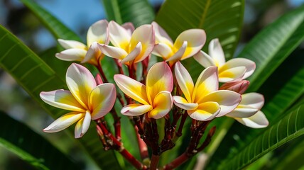 Fototapeta premium Serene Tropical Plumeria Macro Bloom Soft Sunlit Frangipani Flower Close Up