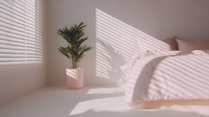 Tranquil Bedroom Serenity: Bathed in soft, natural light, a minimalist bedroom exudes peace. A potted plant adds a touch of life to the serene space, inviting rest and relaxation. 