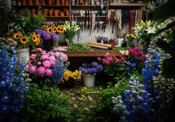 Fototapeta premium Florist arranging colorful blooms in a flower shop, close up of hands