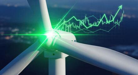 Esg business investment in clean energy showing positive financial results. green energy sector wind turbine with glowing stock chart indicating sustainable growth