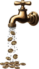 Golden faucet with coins flowing out representing money flow