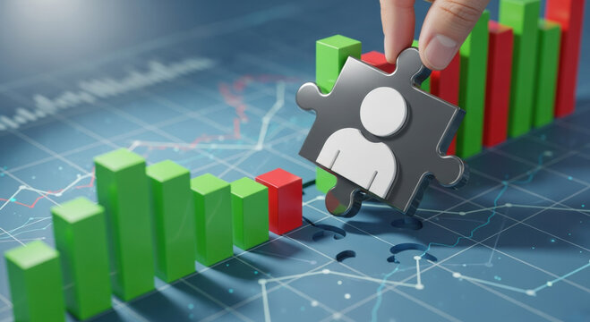 Strategic business hand placing person puzzle piece onto rising financial graph. This symbolizes human resource recruitment and esg investment for corporate growth