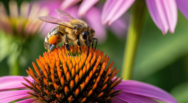 Busy honeybee on purple coneflower shows nature essential business. This pollination scene represents critical financial link in esg focused agriculture - Powered by Adobe