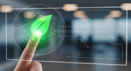Hopeful business professional touches green leaf icon on digital interface representing esg principles for sustainable and positive financial future in modern world