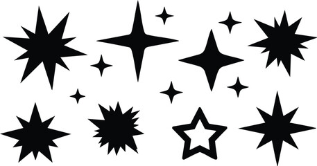 Black star shapes collection with varied points and sizes isolated on white background vector illustration