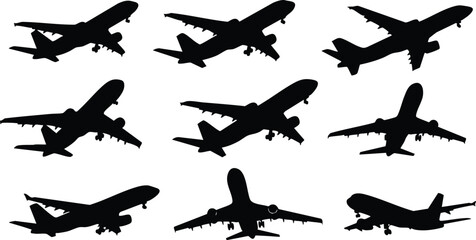 Silhouettes of multiple commercial airplanes flying in different angles isolated on white background aviation concept