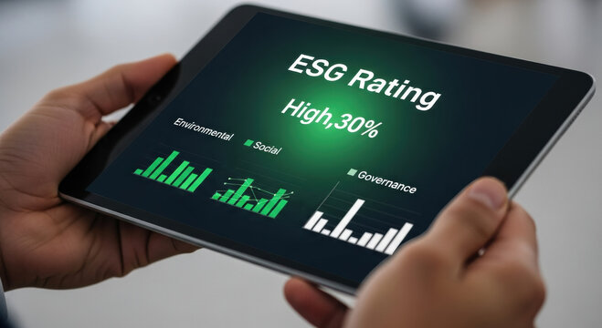 Focused business professional reviewing high esg rating on digital tablet. financial data shows environmental social and governance metrics for sustainable investment analysis