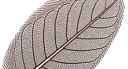 Delicate brown skeleton leaf showing an intricate financial network symbol for business growth and esg sustainability on clean white background evoking natural fragility
