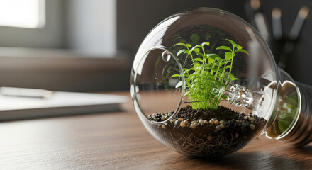 Green esg energy for business and financial growth. lightbulb with plant inside symbolizes sustainable development innovation and corporate responsibility on wooden desk