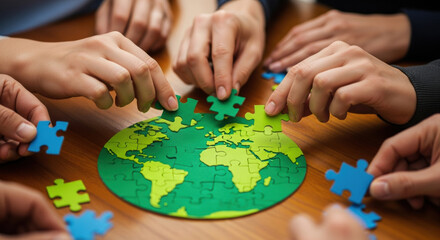 Teamwork collaboration of diverse people building global puzzle. financial business strategy with focus on esg for sustainable future for world