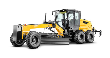 Naklejka premium Maquina construção moto niveladora amarela pesada