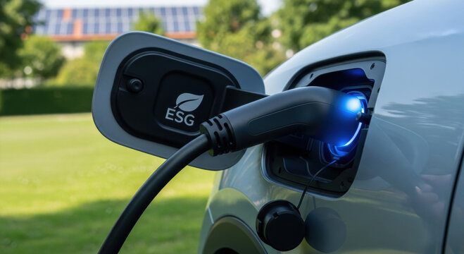 ESG electric car charging with renewable energy represents responsible business and financial future. sustainable technology for green planet with solar panel in background - Powered by Adobe