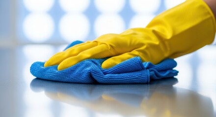 Hand wearing yellow glove wiping surface with blue microfiber cloth for cleaning and disinfecting in home or office environment
